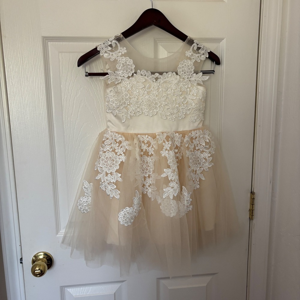 Girls Floral Lace Tulle Flower Girl Dress Champagne Peach Sleeveless Party Gown